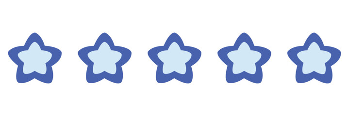 Blue star icon set on a white background.  Five stars for product reviews or ratings, apps, and more. Blue star icon logo. 