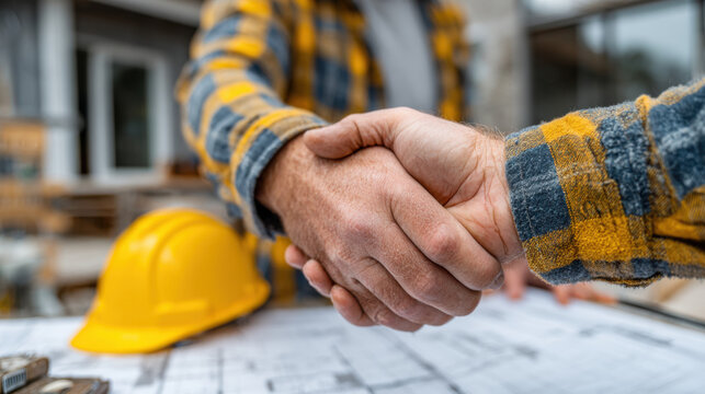 Two construction workers, one in a yellow flannel shirt, sealing a deal with a handshake over architectural plans near a yellow hardhat on a job site.
