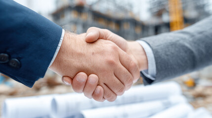 Two businessmen finalize a deal with a firm handshake in front of construction plans and a building under construction, symbolizing agreement and partnership.