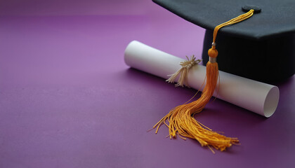 Graduation banner design. Black mortarboard with gold tassel on purple background. Rolled diploma represents degree, academic achievement. Celebrating commencement in college, university, high
