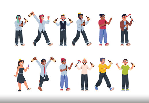 Colorful Stag Party People Funny Celebration Illustrations Set