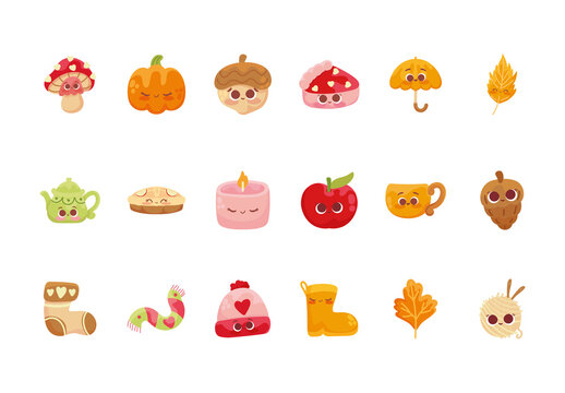 Colorful Kawaii Autumn Nature Cute Seasonal Illustrations Set