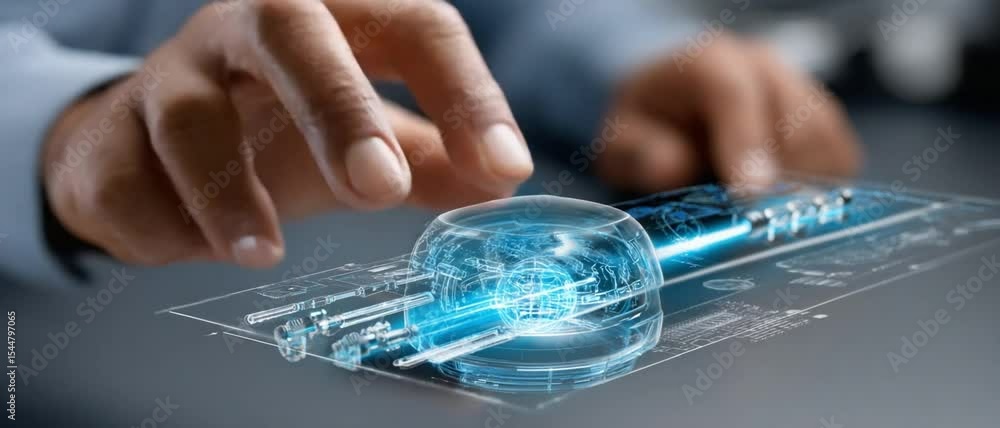 Aufkleber interactive holographic interface: a person's hand interacts with a futuristic holographic display, 