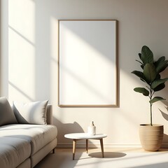 Modern Living Room Frame Mockup – ISO A Paper Size Poster on Wall, Interior Scene with Home Background, 3D Render for Art & Print Display