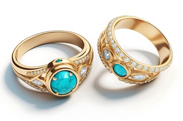 Closeup of Gold Rings with Turquoise and Diamonds on White Background