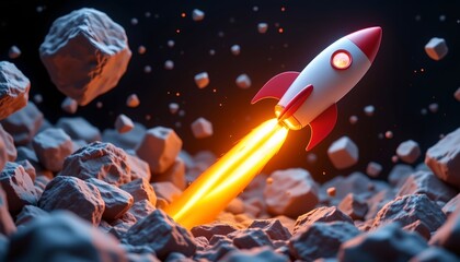 stock photo, 3d render of a glowing rocket soaring through a field of asteroids, representing navigating business challenges and high risk, high reward ventures, deep space setting, sharp focus