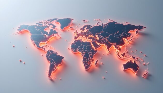 Fototapeta stock photo, 3d render of a glowing world map made of interconnected puzzle pieces, symbolizing global strategy, international business solutions, and market integration, sharp focus