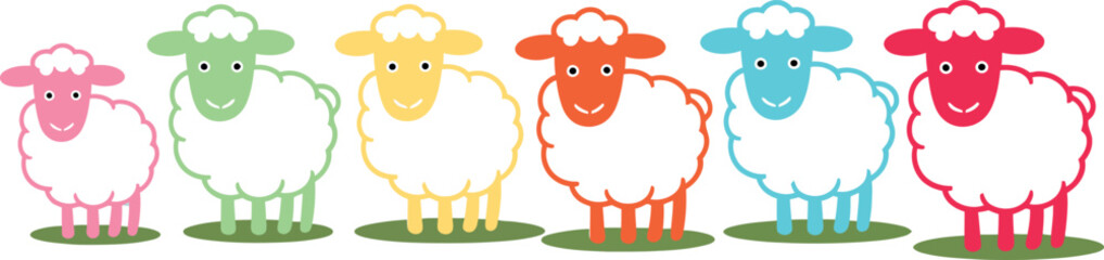Colorful Cartoon Sheep Standing on Grass A Cheerful Herd of Pastel Farm Animals in a Row