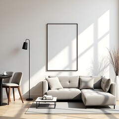Modern Living Room Frame Mockup – ISO A Paper Size Poster on Wall, Interior Scene with Home Background, 3D Render for Art & Print Display