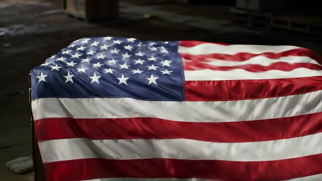 Reverent American flag with red, white, and blue stars and stripes, symbolizing honor, patriotism, and freedom, solemnly draped.