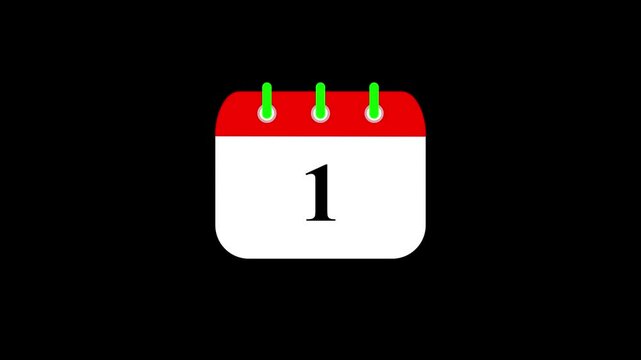 Calendar Animation 1 day animation stock video,Calendar days 1 Count Animation ,1 date calendar icon Animation black transparent background.