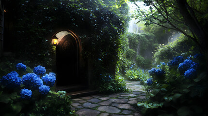 A secret garden with ivy-covered walls and blue hydrangeas.
