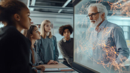 Obraz premium Teacher Explaining Neural Networks on Transparent Screen While Students Watch AI-Powered Visualizations in Smart Classroom