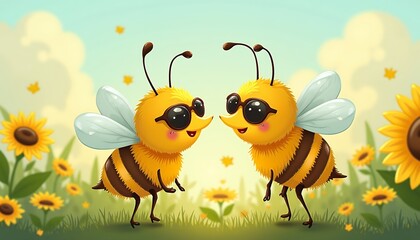 Obraz premium Cartoon Bees in Sunflower Field