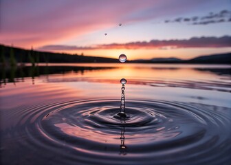 Serene Sunset Lake with Water Drop Ripples