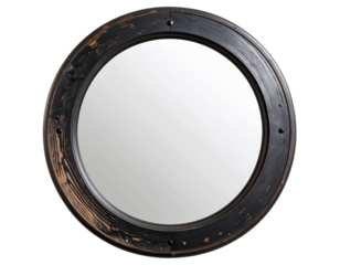 Round Mirror with Distressed Black Wooden Frame PNG