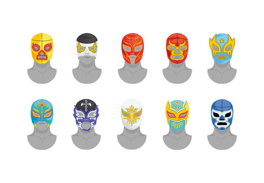 Colorful Mexican Wrestling Mask Mexico Traditional Culture Illustrations Set