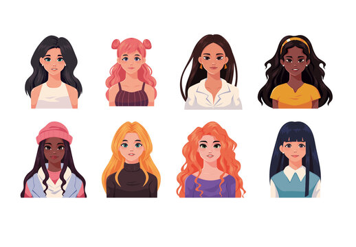 Colorful Young Woman Long Hair Beauty Illustrations Set