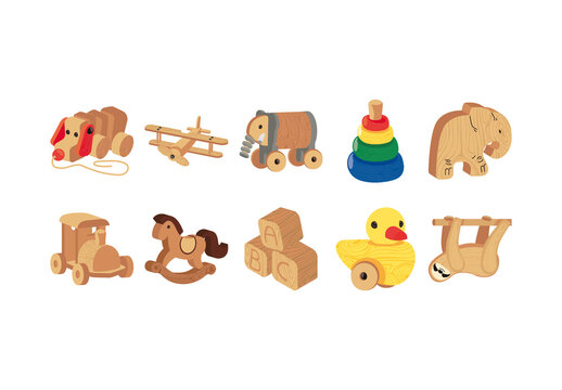 Colorful Wooden Toys Kids Entertainment Illustrations Set