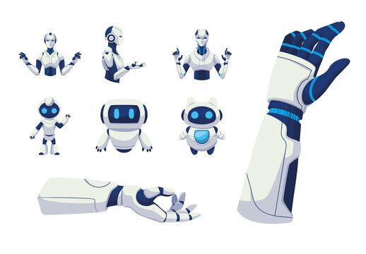 White And Blue Robot Characters Cyborg Ai Tech Future Illustrations Set