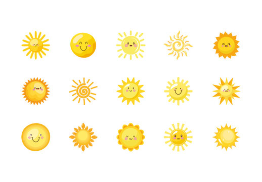 Yellow And Orange Cute Sun Kawaii Summer Sunshine Illustrations Set