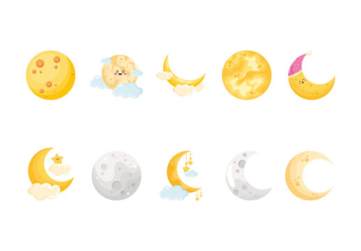 Colorful Kawaii Moon Phases Cartoon Lunar Illustrations Set