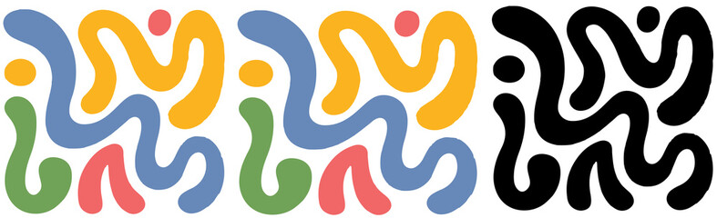 Vintage seamless colorful groovy hippie blobs, hearts, doodles, blots, bold wavy lines, squiggles pattern design