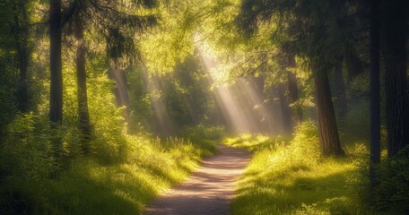 On an Autumn morning, golden rays of light shine through the tree canopies with a path in a forest