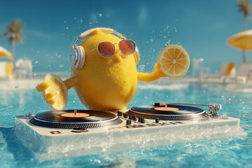 Anthropomorphic Lemon DJ at Sun, Lit Pool Party with Citrus Turntables