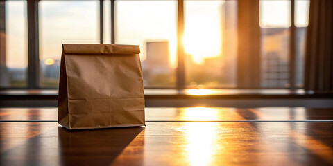 A brown paper bag rests gently on a polished wooden surface in warm sunlight