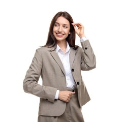 Happy woman in suit on white background