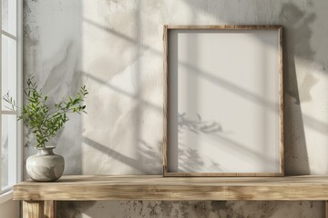 Flawless Image of Empty Frame Above Wooden Table with Minimalist Decor and Natural Light