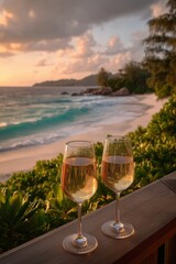 Romantic setting with two glasses of champagne against a stunning beach sunset, capturing tranquility and warmth.