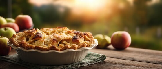Delicious homemade apple pie with golden crust on rustic wooden table outdoors in warm sunlight Concept of autumn baking, comfort food, and seasonal dessert