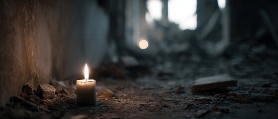 Solitary candle flame illuminating debris and destruction in abandoned building, symbolizing hope and resilience in the face of adversity