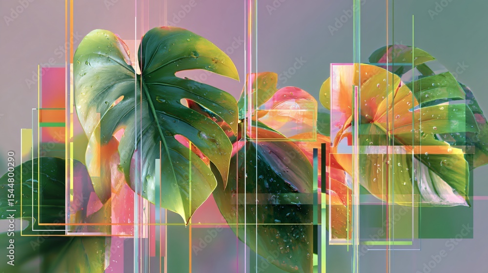 Poster a monstera leaf artfully rendered with distorted geometric shapes and a translucent design element.
