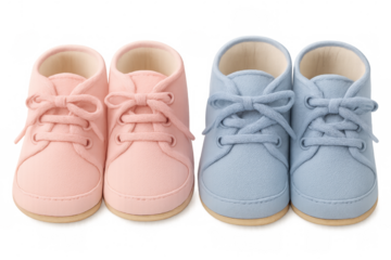 Baby shoes in pink and blue positioned together, symbolizing gender reveal anticipation against clean transparent surface