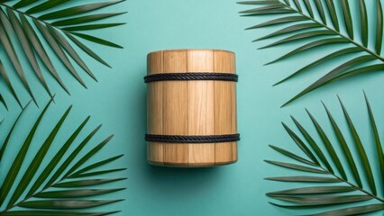 Wooden barrel with palm fronds on teal background