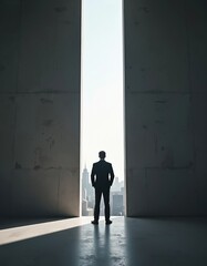 Obraz premium Businessman stands in concrete room, open door to city skyline. Man in formal wear, contemplating future. Symbol of business, ambition, opportunity. City view, skyscraper, modern architecture,