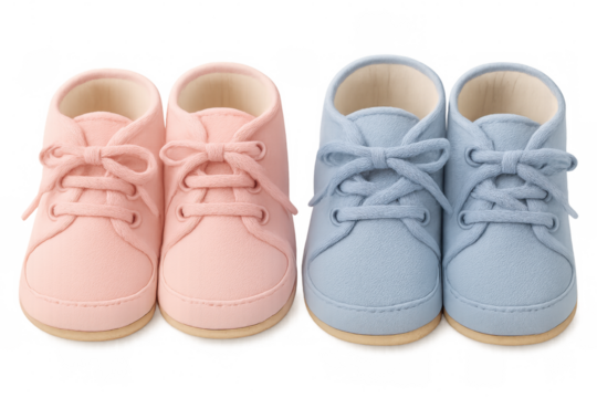 Baby shoes in pink and blue positioned together, symbolizing gender reveal anticipation against clean transparent surface - Powered by Adobe