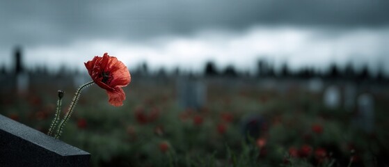 Solitary red poppy growing in graveyard, symbol of remembrance and memorial day on a cloudy day Concept of loss, grief, and hope