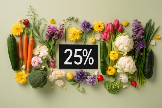 Colorful Vegetable and Flower Sale Promotion. Flat lay of vegetables and flowers around 25% sign on green background, ideal for spring or summer promotions.