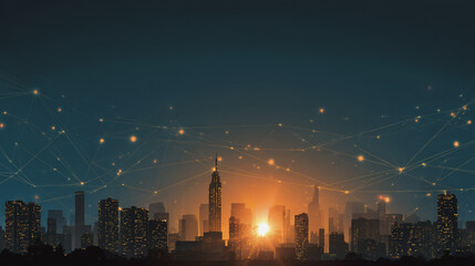 Obraz premium sunrise Aerial view of Smart digital Innovation city with connection network reciprocity over the cityscape. of future smart wireless digital city and social media networking systems that connects