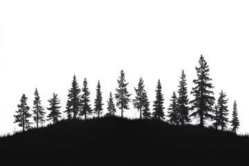 Whispers of the evergreen forest a silent silhouette on a hill with dark in white background. Generative Ai
