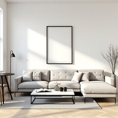 Modern Living Room Frame Mockup – ISO A Paper Size Poster on Wall, Interior Scene with Home Background, 3D Render for Art & Print Display