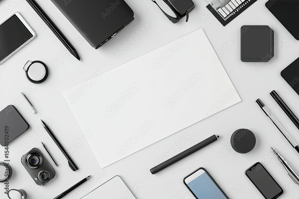 Poster detailed color image of top view devices and desk items