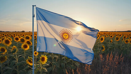 Argentina's flag waving proudly over a vibrant sunflower field at sunset, symbolizing national pride and agricultural beauty.