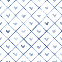 Hand-painted seamless pattern with small blue hearts on a grid. Light and airy design with a romantic, whimsical feel. Ideal for cards, packaging, or surface design.