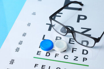 Glasses, vision test chart and lenses on light blue background, closeup