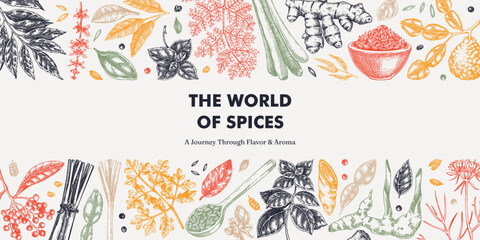 Kitchen spice and herbs background. Hand drawn basil, galangal, cumin, turmeric, lemongrass, lime sketches. Food design. NOT AI generated © sketched-graphics